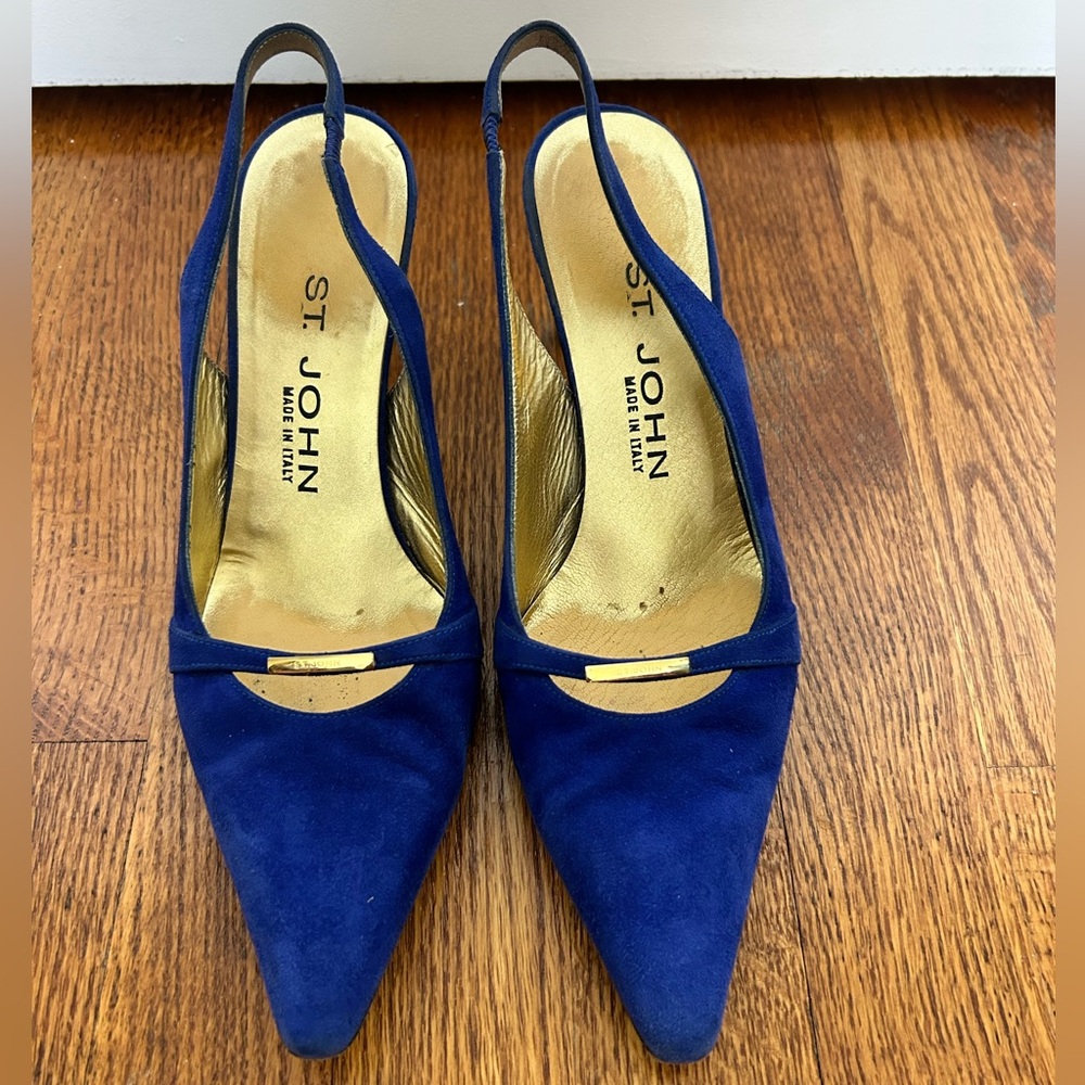 St. John Blue Suede Slingback Heels with Gold Accent